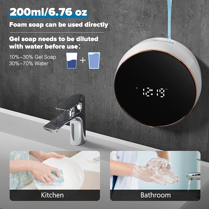 Monstake Automatic Soap Dispenser, Touchless Rechargeable Wall Mount | Smart Display, 3 Gears Adjustable Foam Hand Dish Soap Dispenser for Kitchen Sink Bathroom White