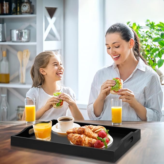 RRX Bamboo Food Serving Tray with Handles,Breakfast Bed Tray (Black) | Wood Tray for Tea, Snack, Dinner, Home Decorative Storage Food, Platter, Ottoman for Kitchen Counter, Bathroom, Restaurant