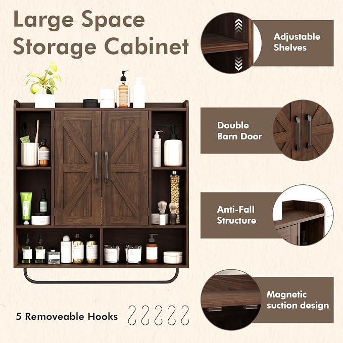 RUSTOWN Rustic Bathroom Wall Storage Cabinet with 2 Barn Doors, Dark Walnut | Farmhouse Medicine Cabinet, Wall Mounted, Space Saving, 3-Tier Adjustable Shelves, Towel Bar, 5 Hooks