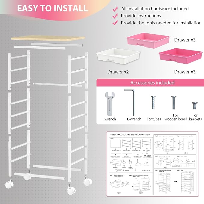 Goovilla Rolling Cart with 8 Drawers for Art, Dorm, Office, Craft, Pink | Utility Cart Organizer With 8 Removable Drawers and Wooden Tabletop, Lockable Rolling Storage Organizer for Classroom, Home