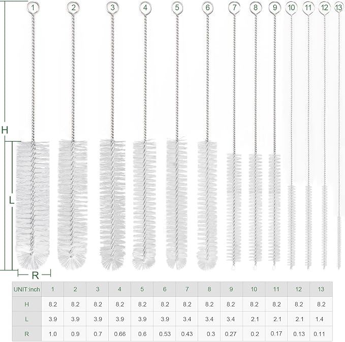 CiaraQ Bottle Cleaning Brushes, 8 Inch Nylon Tube Brush Set | White Cleaner for Narrow Neck Bottles Cups with Hook, Set of 13pcs, White