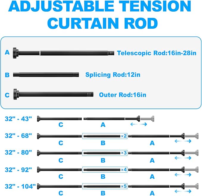 TEECK Shower Curtain Rod, 32-80 inch Adjustable Spring Tension Curtain Rod, Never Rust Anti-Slip Shower Curtain Rod for Bathroom, No Drilling, Never Collapse, Easy to Use, Black