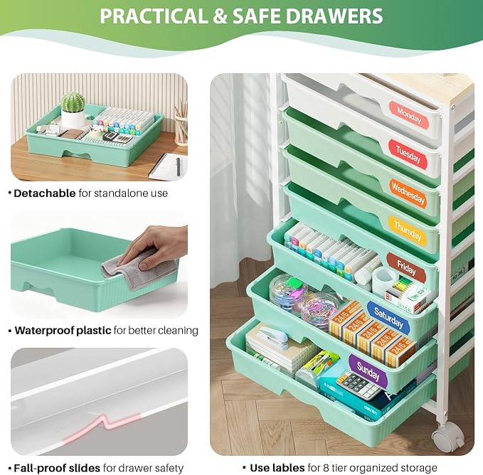 Goovilla Rolling Cart with 8 Drawers for Art, Dorm, Office, Craft, Green | Utility Cart Organizer With 8 Removable Drawers and Wooden Tabletop, Lockable Rolling Storage Organizer for Classroom, Home