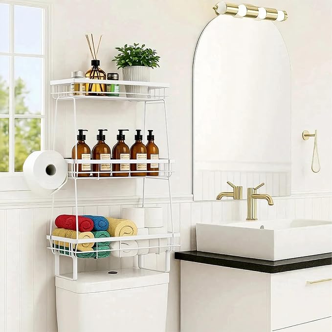 ShellKingdom Over The Toilet Storage Shelf, 3 Tier Toilet Paper Holder Rack | Punch-Free Bathroom Storage Rack with 2 Hooks, Small Space Organizers for Bathroom, Home, White