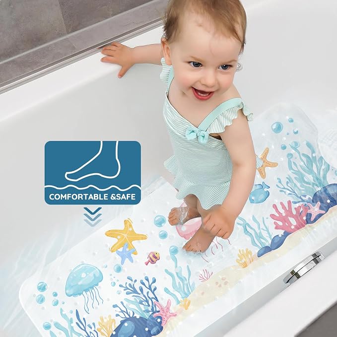 LNOND Bath Mat for Tub for Kids, Sea World Bathtub mat Non Slip, Jellyfish Starfish Coral Bath Mats for Bathroom Non Slip with Drain Holes and Suction Cups,Machine Washable (40 X 16 Inch)