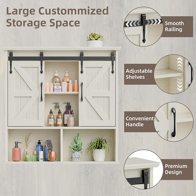 Vabches Bathroom Wall Cabinet, Farmhouse Medicine Cabinet, White | Wooden Vintage Storage Cabinet Wall Mounted with Double Sliding Barn Door and Adjustable Shelf for Bathroom, Kitchen