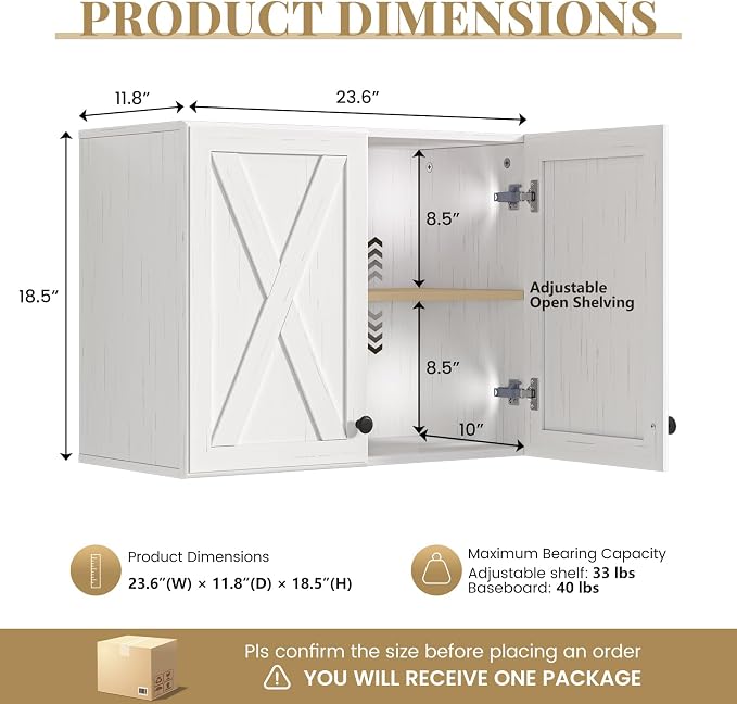 24" W Laundry Room Wall Cabinets, Farmhouse Wall Cabinet with Adjustable Shelf, Wood Kitchen Wall Cabinet, Floating Cabinet for Bathroom, Kitchen, Off White