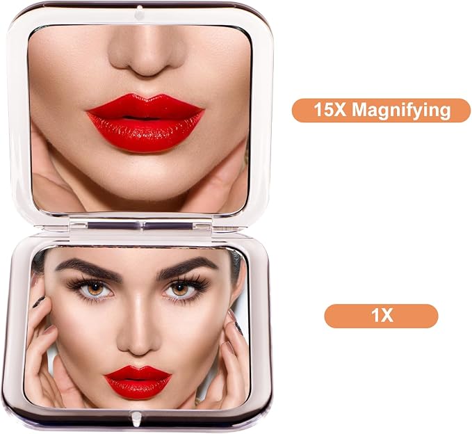 SANTOO Compact 15X Magnifying Makeup Mirror for Travel, Small Pocket Mirror-Handheld, Foldable & Portable 2-Sided with 15X Magnifying and 1X Mirror for Purses - Square 3.3 x 3.3 inch (Rose Gold)