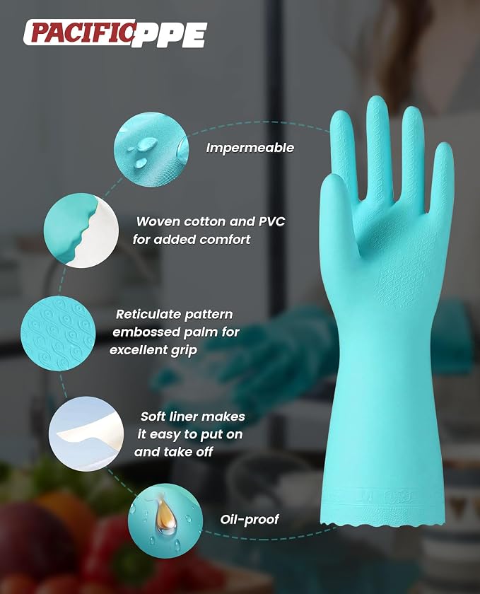 2 Pairs Dishwashing Gloves, Cotton Flocked Liner, Green, Large | Waterproof dishwashing gloves with non-slip grip, Latex-Free, flexible fit for kitchen, bathroom, laundry & cleaning