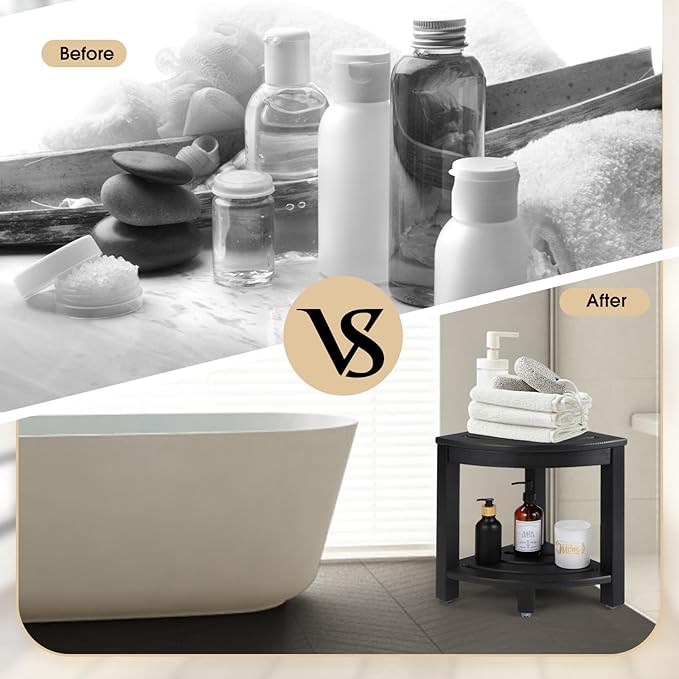 Apolimi HDPE Corner Shower Stool,Shower Bench Seat with Storage Shelf for Shaving Legs Plastic Spa Bath Step Foot Rest for Bathroom Small Place (Black)