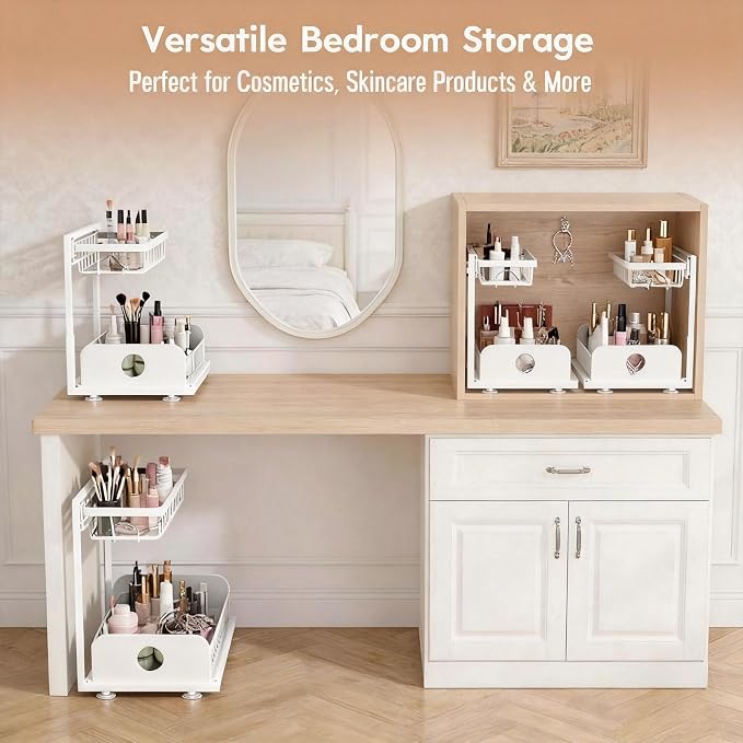 Under Sink Organizer, 2 Pack Under Kitchen Cabinet Organizer, Height Adjustable Pull Out Mute Slide-Out 2 Tier Metal Under Sink Storage for Bathroom, Pantry, Kitchen & Bedroom (White, 2 Pack)