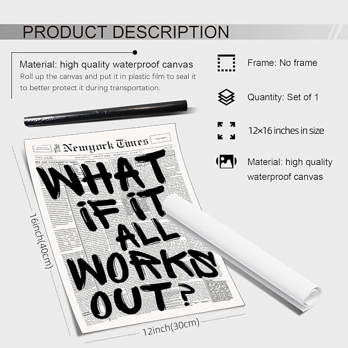 Haitunone What If It All Works Out Wall Art Black And White Minimalist Newspaper Poster Positive Affirmations Quote Canvas Prints for Living Room Bedroom Wall Decor 12X16 inch Unframed