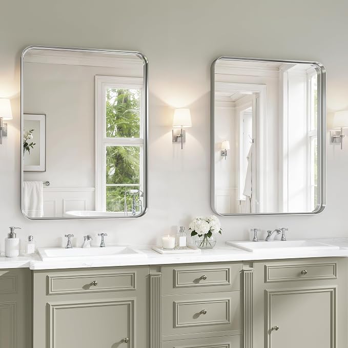Matte Silver Metal Framed Vanity Rounded Rectangle Bathroom 24X32 Inch Mirrors for Over Sink Wall,Modern Decorative for Restroom, Anti-Rust Aluminum Alloy Mirror, Horizontally or Vertically Hanging