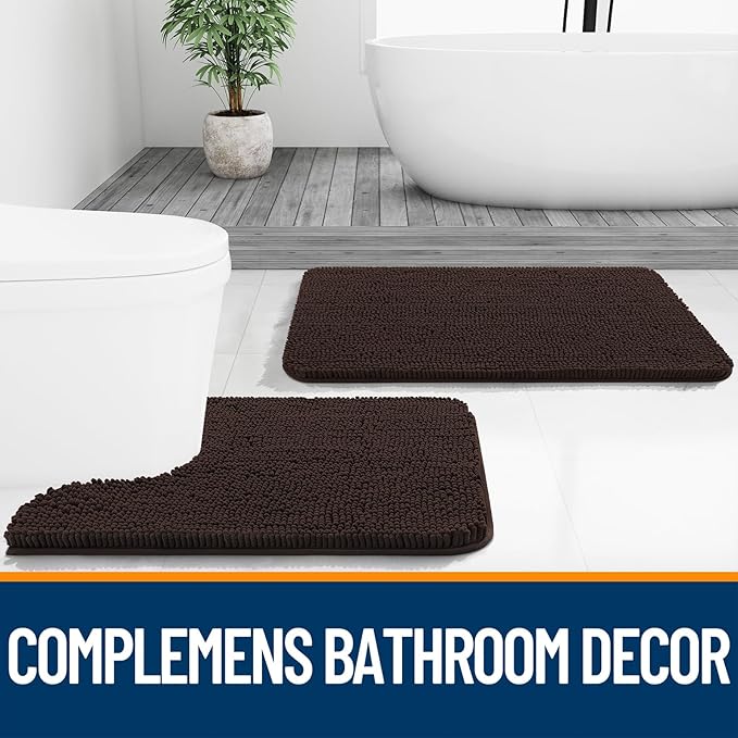 OLANLY Bathroom Rugs 34x21, Extra Soft Absorbent Chenille Bath Rugs | Brown, Quick-Drying Rubber Backing, Machine Washable Bath Mat for Bathroom Floor, Tub and Shower, Home Decor Accessories
