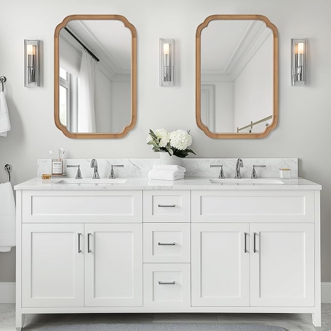 20" x 30" Rounded Corner Arch Wall Mirror with Wood Frame for Entryway, Living Room or Bedroom Home Decor - Light Woodgrain [20" x 30" Honey-Colored]