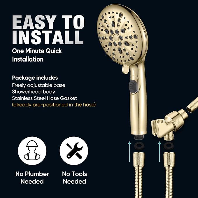 Cobbe 9 Spray Modes Handheld Shower Head, Water-Saving, Gold | Power Rinse, 1-Click Pause & Flow Control, 6ft Stainless Steel Hose, Adjustable Brass Bracket