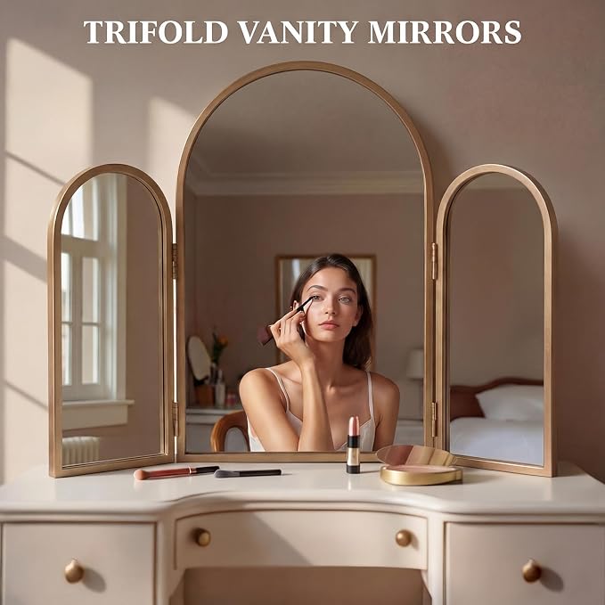 Trifold Vanity Mirrors 3 Way, 30 x 37 in Adjustable Trifold Mirror for Bathroom Bedroom, Decorative Folding 3 Sided Mirror Wall Mounted for Braiding Hair Makeup(Arched,Vintage Gold)