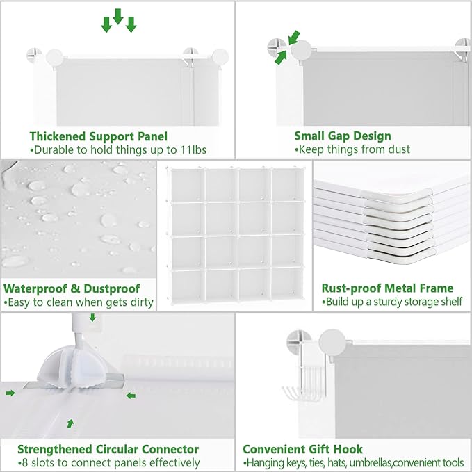 C&AHOME 16 Cube Storage Organizer Cube Shelves Units Storage Cubes, Milky | Plastic DIY Closet Organizer, Stackble Modular Closet Storage Shelves Ideal for Home, Bedroom, 48.4" L × 12.4" W × 48.4" H