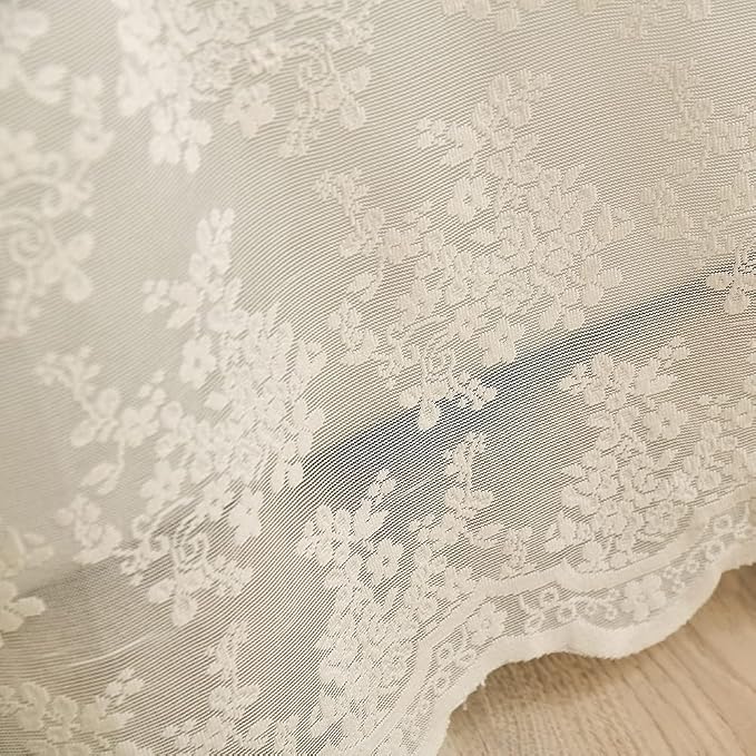 Ivory Cream Lace Shower Curtain 84 Inches Long with Attached Valance, 72x84 | Vintage Floral Lace with Scalloped, Filters Soft Light for Elegant Shabby Chic Bathrooms with Tall tubs or Higher Rods