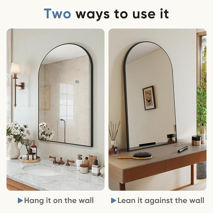 NEWBULIG 20X30 Inch Arched Bathroom Wall Mirror for Over Sink, Black | Wall Vanity Mirror with Tempered Glass, Anti-Rust Arched Metal Framed, Hanging or Leaning, Farmhouse Home Decor