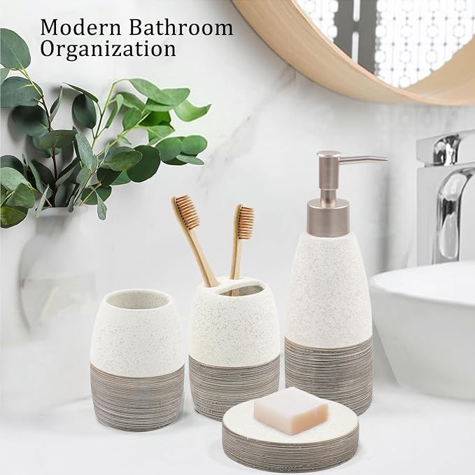 CERBIOR Bathroom Accessories Set,4 PCS Ceramic Bath Accessory,Grey White | Includes Toothbrush Holder, Toothbrush Cup, Soap Dish for Decorative Countertop and Housewarming Gift