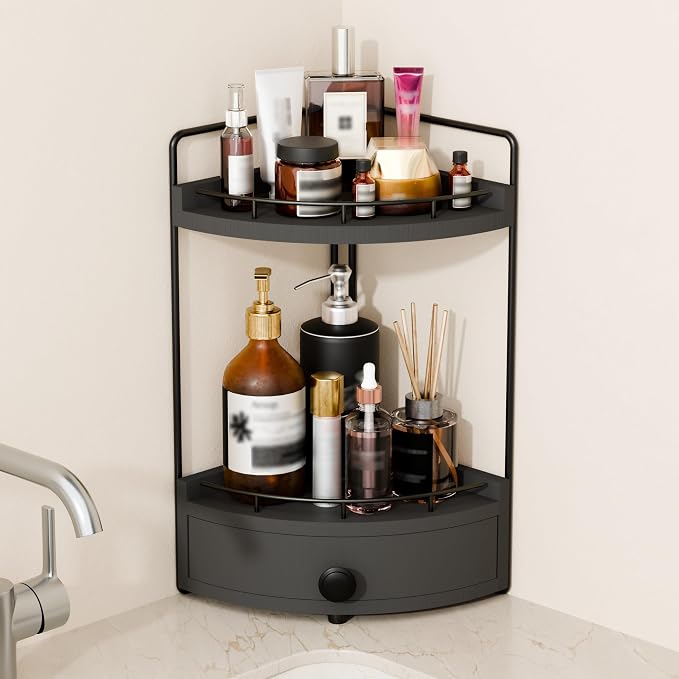 2-Tier Corner Bathroom Countertop Organizer with Drawer | Embedded Screw Holes, Space-Saving, Solid Wood Counter Shelf for Makeup & Skincare Storage, Black