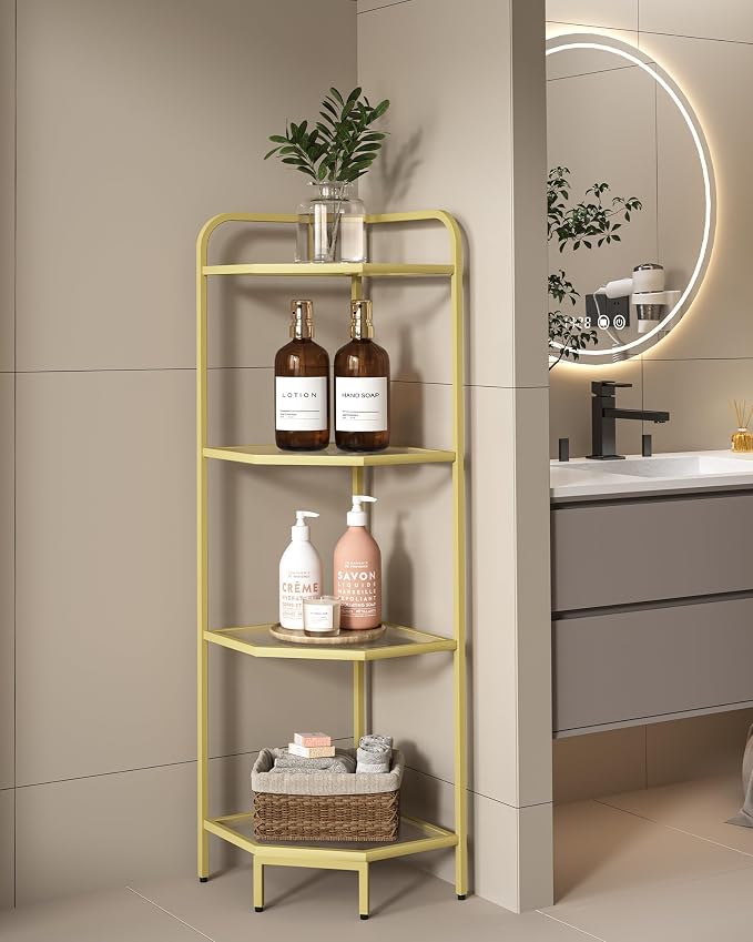 Hzuaneri Corner Shelf Stand, 6-Tier Glass Bookshelf Bookcase, Plant Stand | Bathroom Organizer Steel Frame, Tempered Glass, Modern Style for Living Room, Bathroom, Kitchen, Gold CS90400G