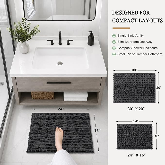 Arotive Bathroom Rugs Mat 24x16, Soft Absorbent Chenille Shaggy Bath Mat | Dark Grey, Machine Wash Dry, Bath Rugs for Bathroom Floor, Tub and Shower, Home Decor Accessories