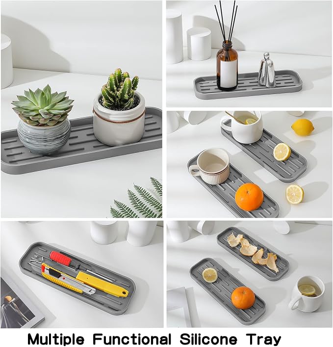 MicoYang Silicone Kitchen Sink Organizer Tray for Multiple Usage,Eco-Friendly Sponges Holder for Kitchen Bathroom Counter or Sink,Dish Soap Dispenser,Scrubber,Bottle,Cup (Grey, 12"×4")