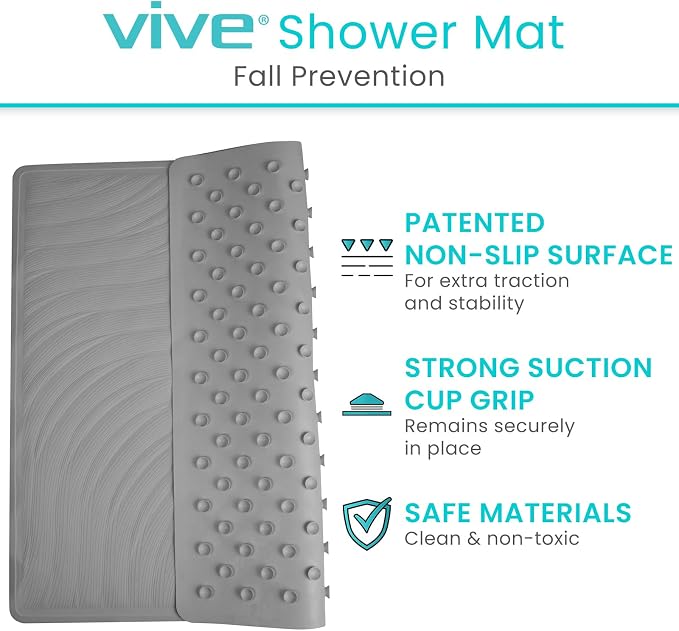 Vive Shower Mat - 22" by 22" Square Non Slip Large Bath Mat for Bathtub - Patented Design - Suction Cup Traction Skid Pad for Stalls Floors Tub - Textured Rubber with Drain Hole | Patented Design - Suction Cup Traction Skid Pad for Stalls Floors Tub - ...