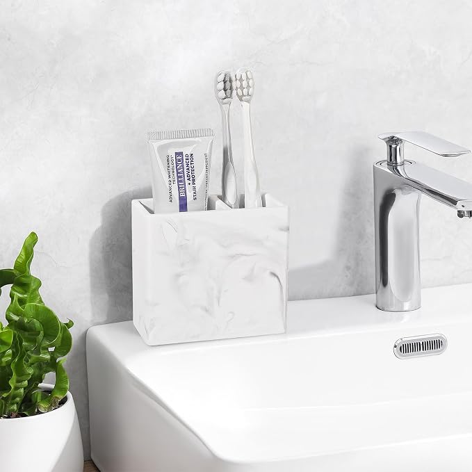 Diatomite Toothbrush Holder Toothpaste Organizer, Marble White | Quick Drying, Non-Slip, 2 Slots Kids Electric Tooth Brush Holder for Bathroom, for Countertop, Shower, Vanity