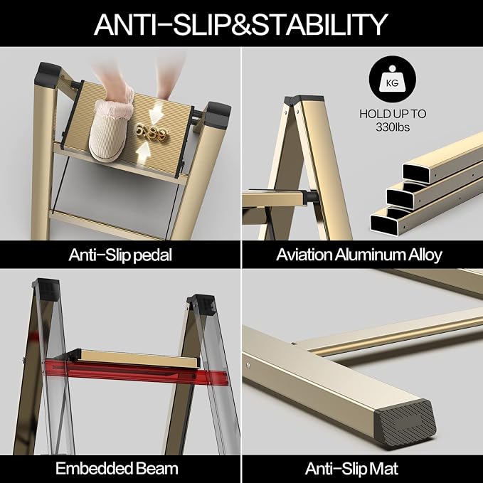 4 Step Ladder, Aluminum Folding Step Stool with Anti-Slip Sturdy and Wide Pedal, Lightweight Portable Stepladder for Home and Kitchen Use, Gold, 330 lbs
