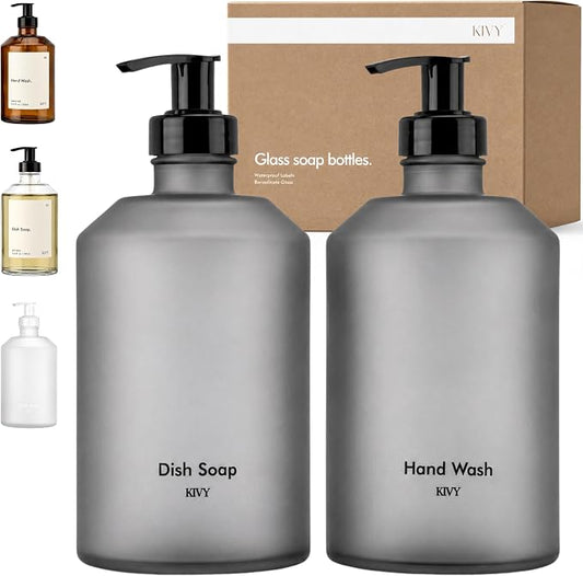 KIVY Glass Soap Dispenser Set [INCL. Waterproof Labels] - Glass Soap Dispenser with Pump - Hand Soap and Dish Soap Set - for Kitchen, Shower & Bathroom - Refillable (Matte Black)