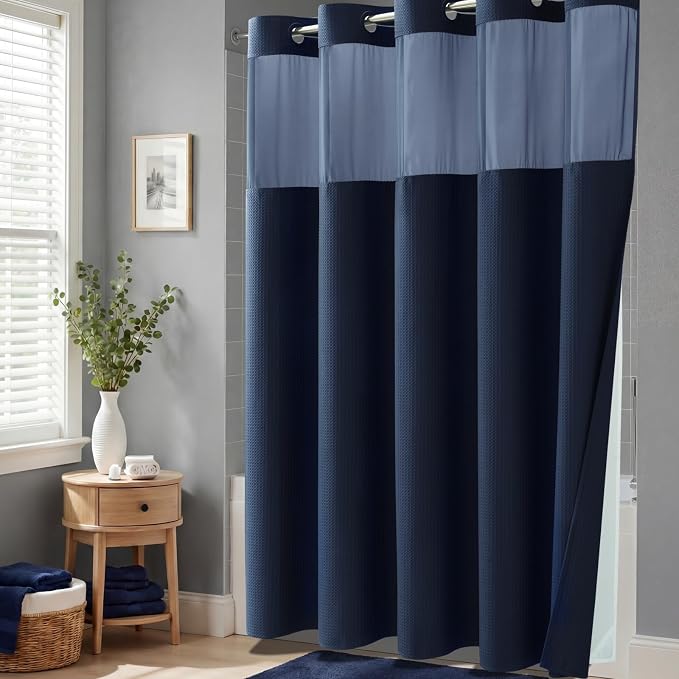 Navy Blue Hook Free Waffle Shower Curtain & Snap-in Liner,72x87 | Less Time to install, 3 in 1 Fabric Shower Curtain and Liner Set with Magnets, Extra Long, Shower Curtains for Bathroom