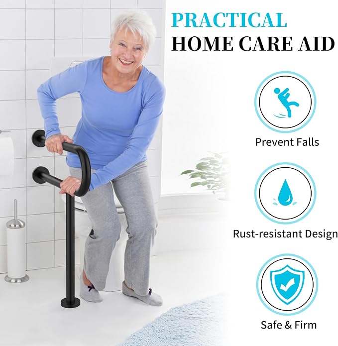 Toilet Support Rail 24x28 Inch, Munzong Anti-Slip Black Handicap Grab Bar | Folding Stainless Steel Knurled Safety handrails with Leg for Bathroom Elderly Disabled Pregnant-1.25’Tube