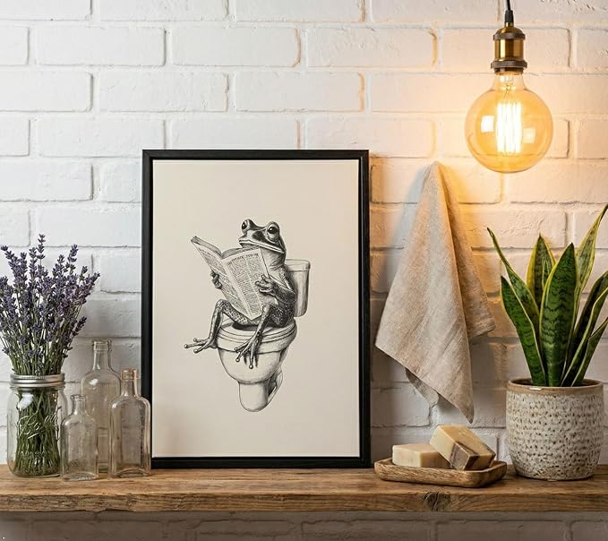 Black Floating Framed Funny Frog Bathroom Canvas Wall Art Humor Animal Painting Picture Wall Decor Frog on Toilet Reading Newspaper Poster Print Artwork for Bathroom Washroom Home Decoration 12x16in