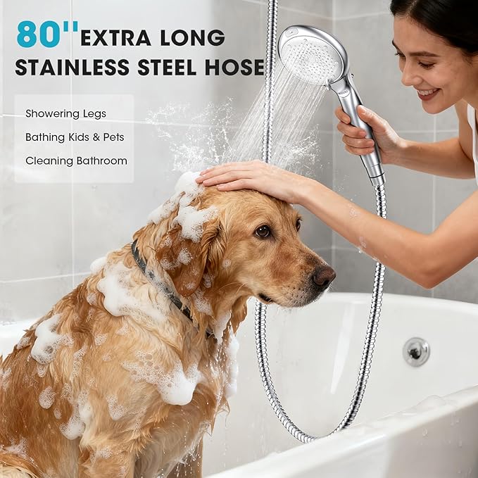 Filtered Shower Head with Handheld, High Pressure 8 Sprays, Chrome | 80" Long Stainless Hose, Built-in Power Wash, Water Softener Filter Beads for Hard Water - Remove Chlorine, Reduce Dry Skin