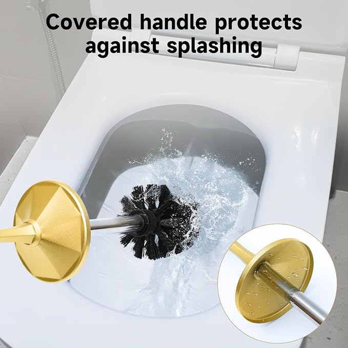 Brass Toilet Brush and Holder，Extra Long Handled Gold Toilet Brush for Bathroom，Stainless Steel Heavy Duty Toilet Bowl Brush,Deep Cleaning Modern Toilet Cleaner Brush -Space Saving, Covered Brush