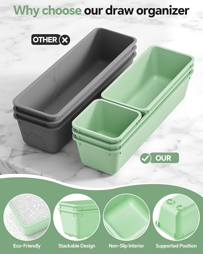 Canfanni 13 Pack Plastic Drawer Organizers Set, 3 Sizes Desk Drawer Organizer Trays for Vanity and Makeup Organizer, Organization and Storage for Makeup, Kitchen Utensils, Bathroom and Office(Green)