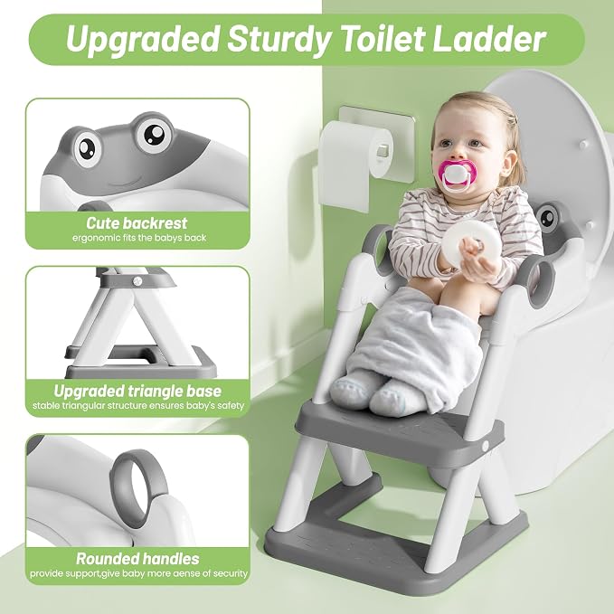 Potty Training Seat, Upgrade Toddler Toilet Seat for Kids Boys Girls, 2 in 1 Potty Training Toilet, Splash Guard Anti-Slip Pad Step Stool(Grey-Frog)