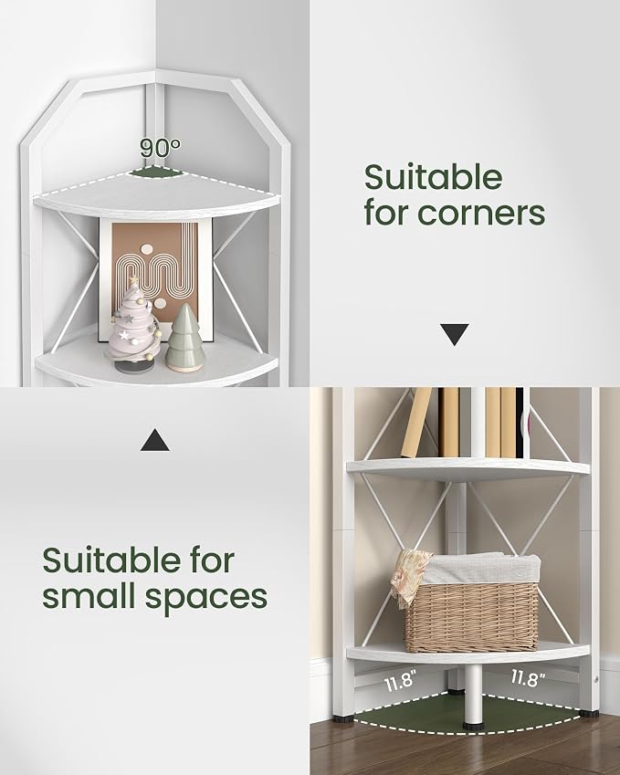 4-Tier Corner Shelf, Industrial Corner Bookshelf, 47.6" Corner Storage Stand, Plant Stand Display Shelf, Corner Bookcase for Bedroom, Living Room, Home Office, White TCJ09WB