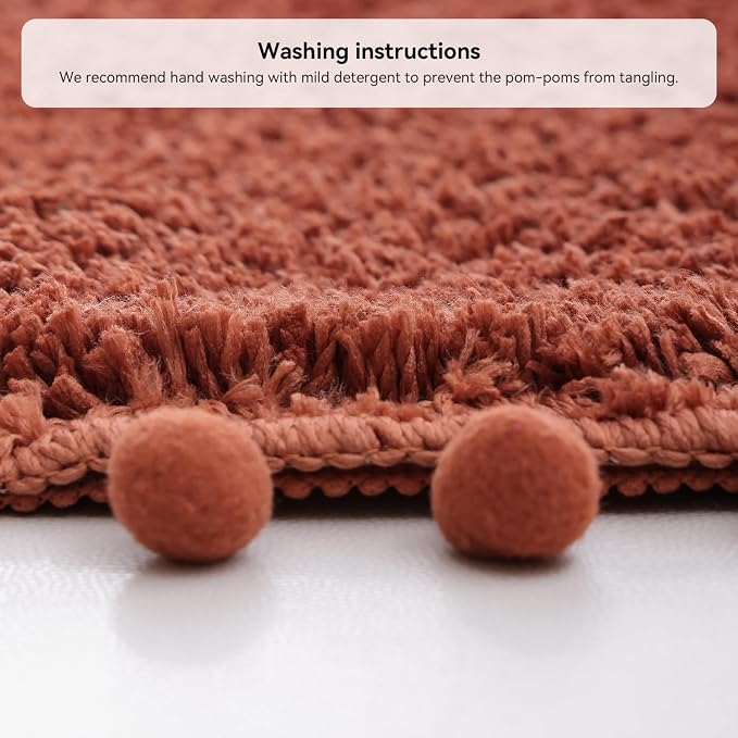 YIRDDEO Oval Rug for Bathroom, Boho Bath Mat with Pom, Terracotta, 36"x24" | Soft Plush, Absorbent, Quick Dry, Machine Washable, Non Slip Bath Mat for Bathroom Shower Floor Home Decor