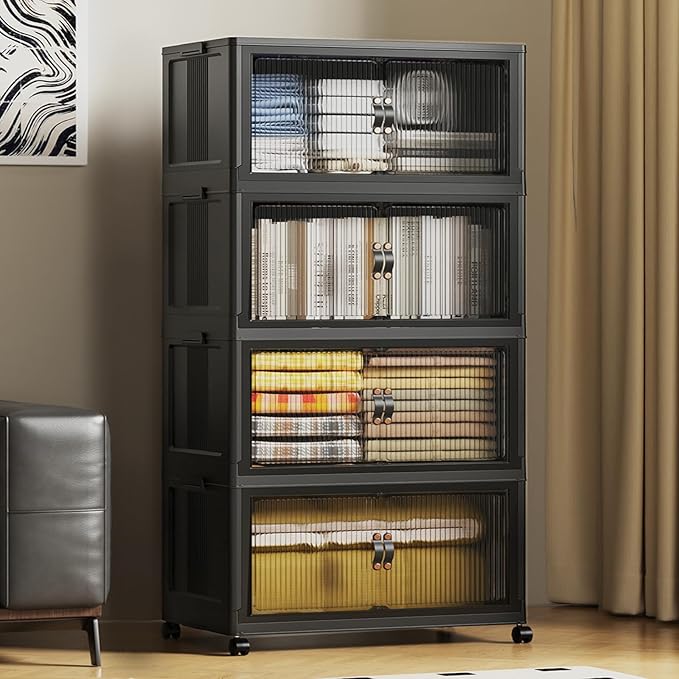 SAILUN 580Qt Stackable Storage Bins,Storage Cabinet with a Lid,4 Pack Black | Stackable Storage Drawers with Lids,28" W x 17" D x 61" H,Featuring open-front Access for Clothes and Closet Storage