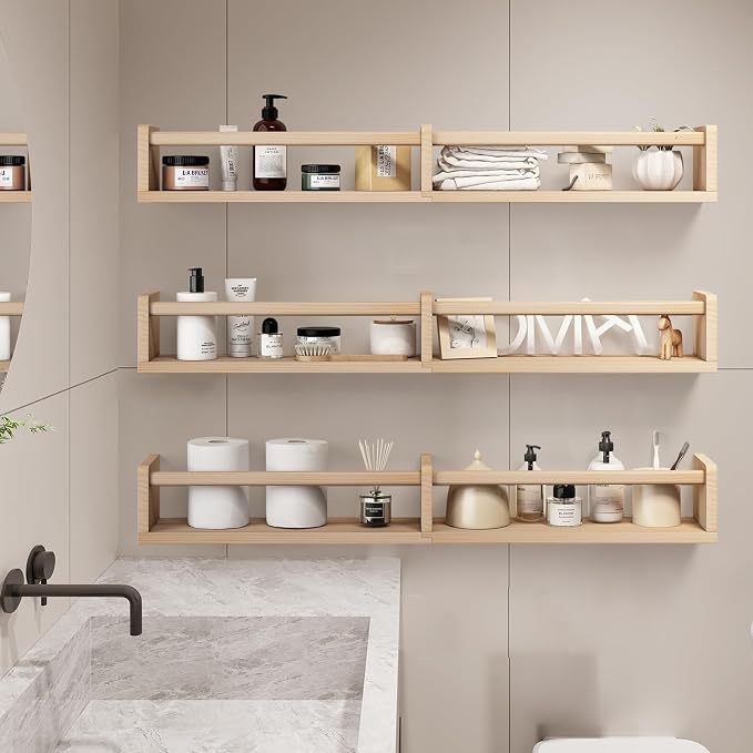 Fixwal Floating Nursery Book Shelves for Wall, 32in, Set of 3, Natural Wood | Solid wood shelves store kids' books, toys and clothing. Fits kids' room, playroom, nursery, living room, bedroom & bathroom.
