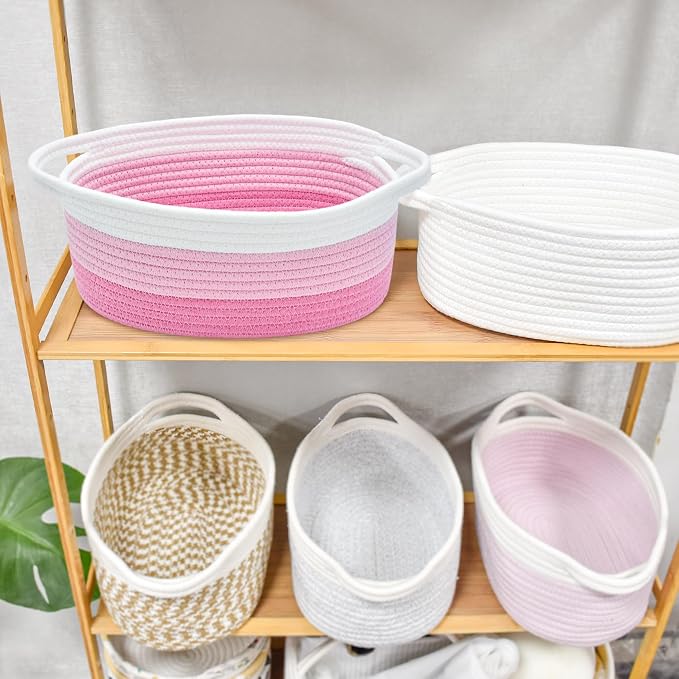 ABenkle Small Basket Empty Gift Basket, Decorative Boho Rope Woven Nursery Storage Organizer Dog Toy Baskets for Baby Showers Christmas Easter with Gift Bags and Ribbons, 12"X 8" X 5"