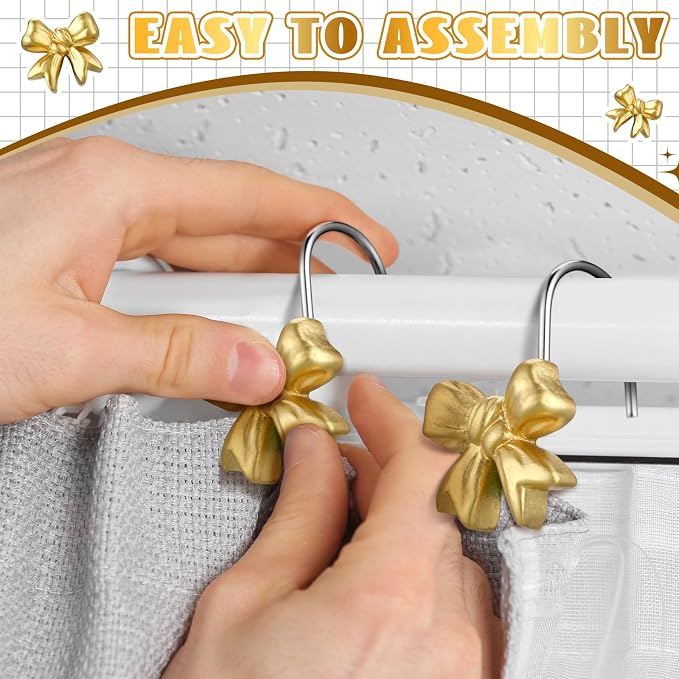 Yaocom 12 Pcs Gold Bow Shower Curtain Hooks Rustproof Metal Bathroom | Decorative Shower Hangers Bulk Glide Curtain Rings for Bathroom Bedroom Living Room Art Decoration