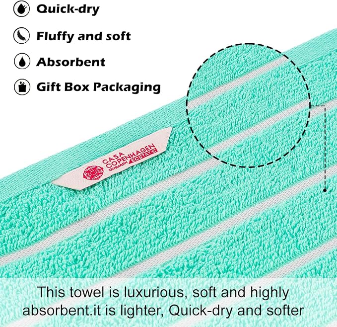 CASA COPENHAGEN Ecstatic 6Pcs 100% Egyptian Cotton Large Designer Towels Gift Set- Aquamarine, 600GSM, 2Bath 2Hand 2Washcloths, Bath Towels for Bathroom Set for Women & Men