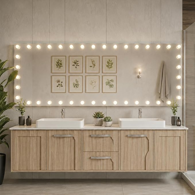 WTTY 96"x36" Hollywood Vanity Mirror with Lights | Wall Mounted Makeup Mirror, 3 Color Temperatures, Stepless Dimmable Bulbs, Anti-fog, Tempered Glass, Shadow-free