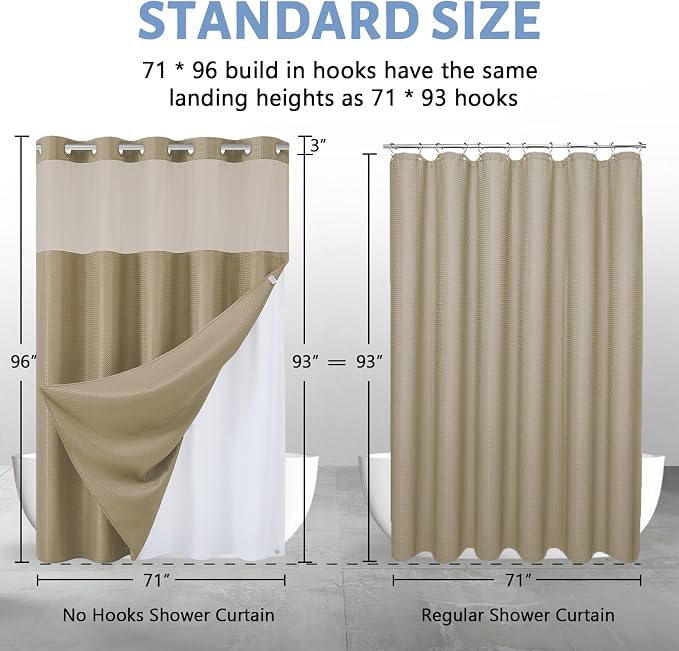 Furlinic Extra Long Waffle Weave No Hook Shower Curtain with Snap in Liner,Heavy Duty Textured Fabric Bathroom Curtains,Hotel Style with Mesh Top Window,Waterproof & Machine Washable,Beige,71x96