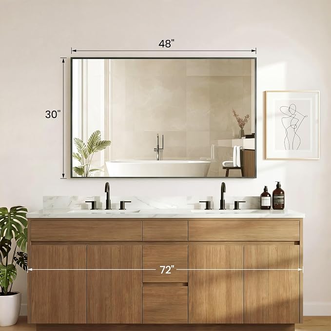 DUMOS Bathroom Mirror for Over Sink, 48"x30" Rectangle Wall Mount Mirror | Modern Vanity Mirrors with Tempered Glass and Metal Frame, Anti-Rust, Horizontal or Vertical for Home Decor, Black